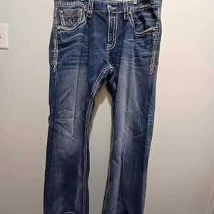 Rock Revival Remedy 40U Mens Relaxed Straight Leg Denim Jeans Embellished